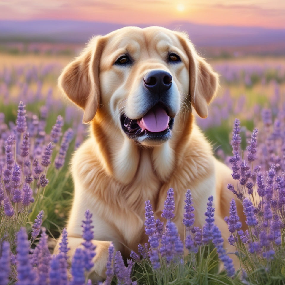 Labrador Retriever in Purple Flower Field