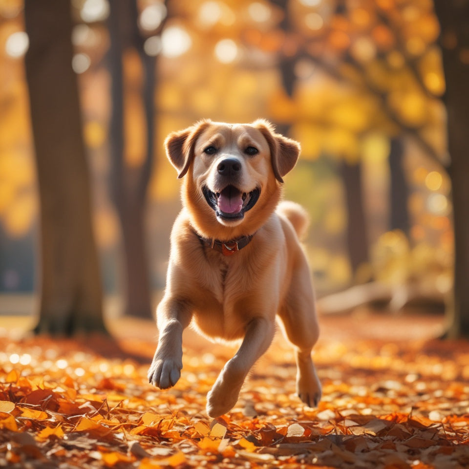 Happy Labrador Running in Autumn Forest