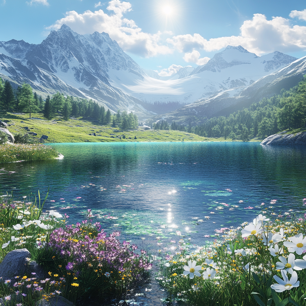 Sunny Lake View with Snowy Mountains