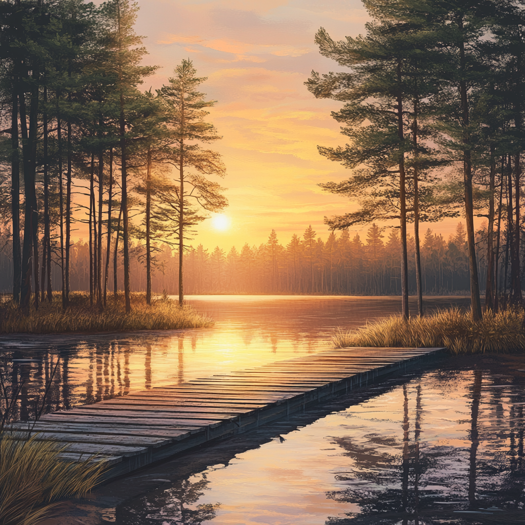 Lake with Wooden Dock at Sunrise