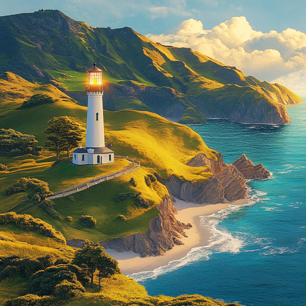 Lighthouse by Cliff in Grassy Fields