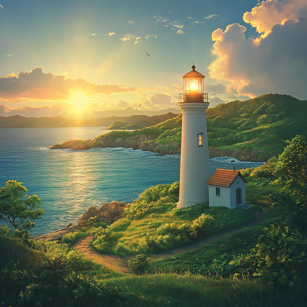Lighthouse View at Sunrise Seashore