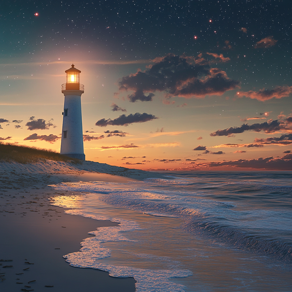 Lighthouse on Beach at Sunset