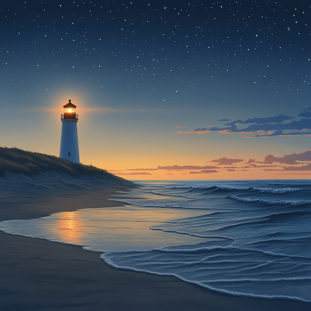 Lighthouse on Beach at Night