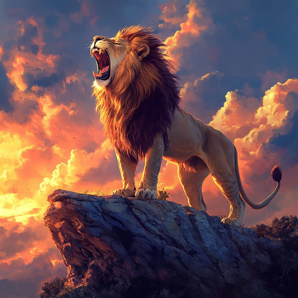 Lion Roaring on Rocky Cliff