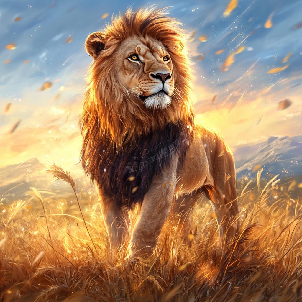 Lion Standing in Grassland