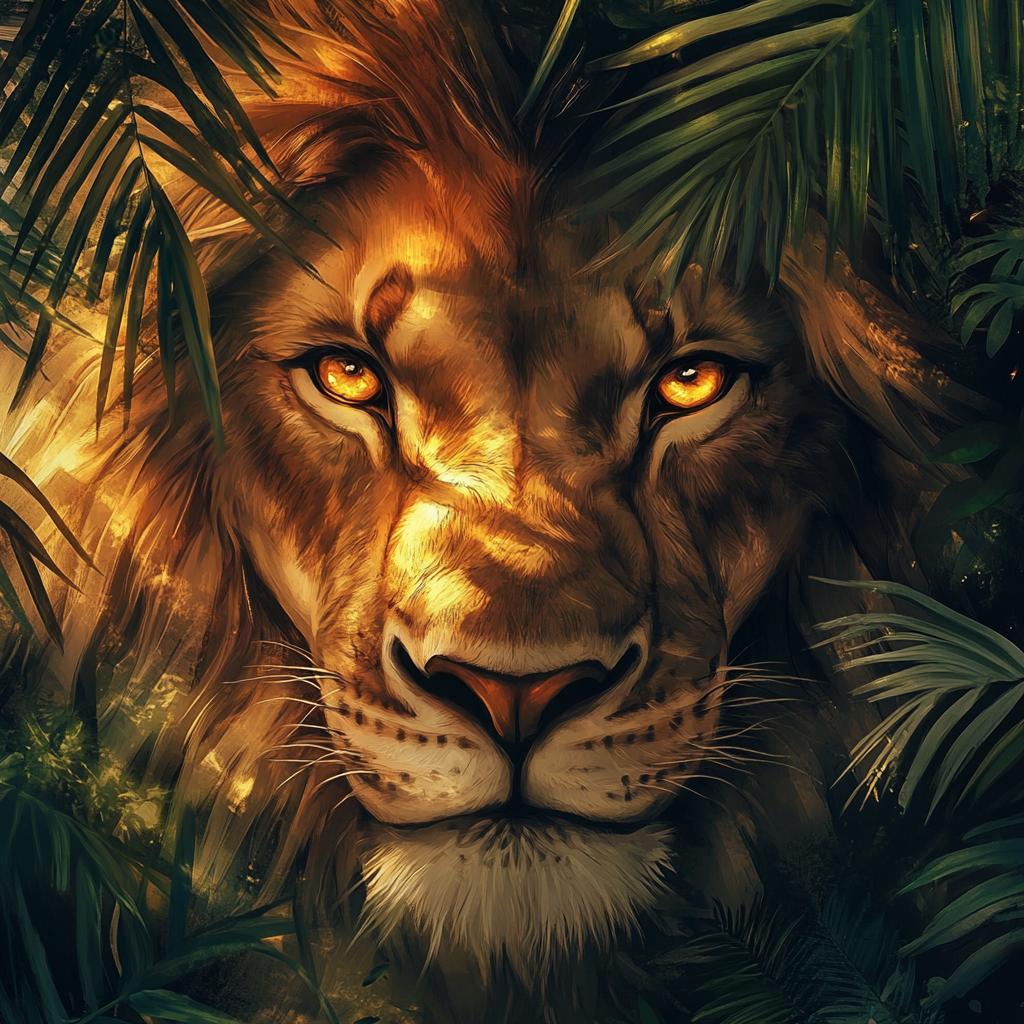 Lion Portrait with Palm Leaves