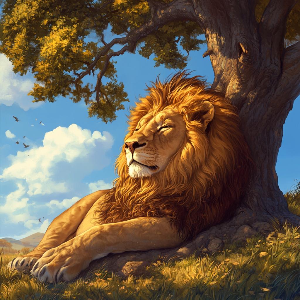 Lion Resting Against Tree