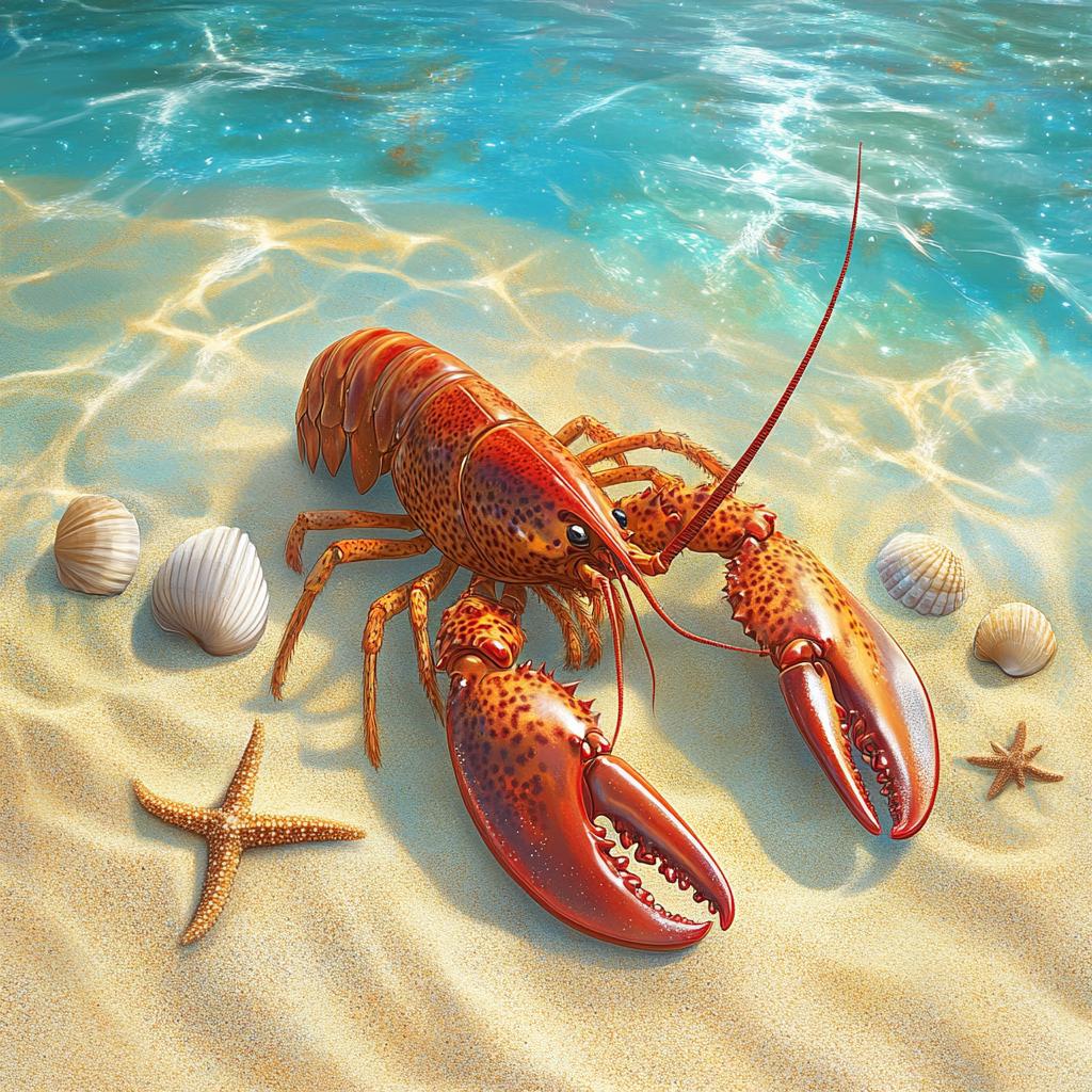 Lobster on Seashore with Seashells