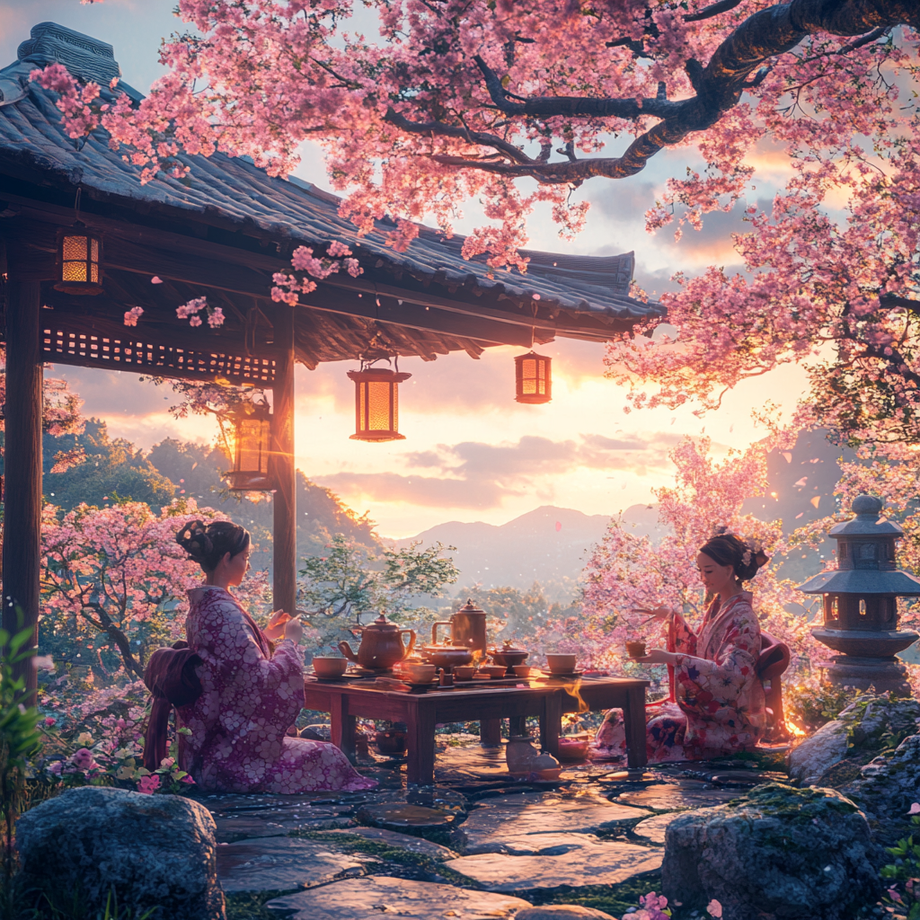 Japanese Women Having Tea Under Cherry Tree