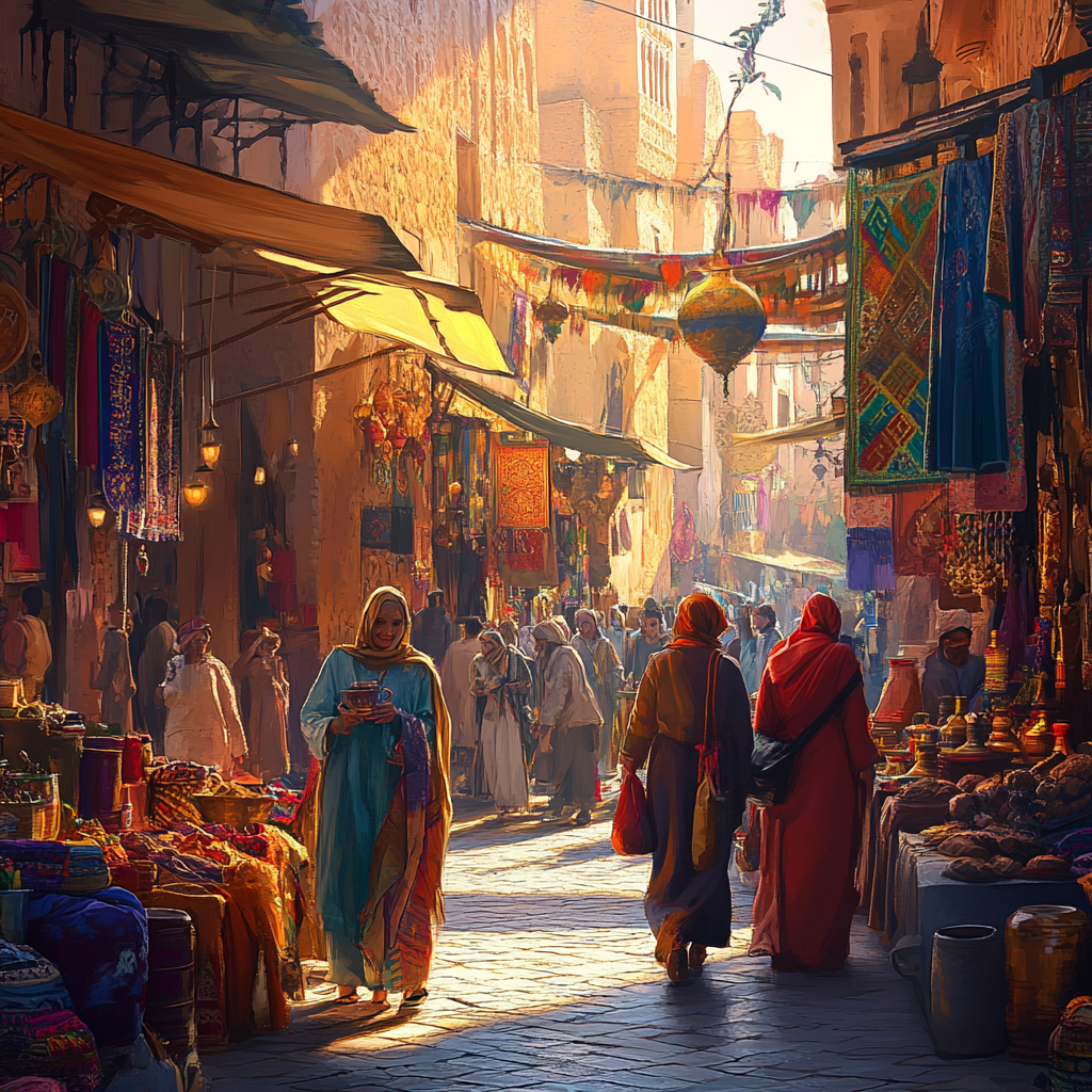 Moroccan Market with Textiles and People