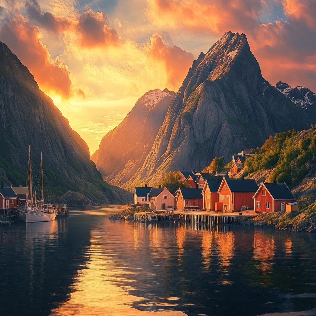 Lofoten Norway Seashore Village at Sunset