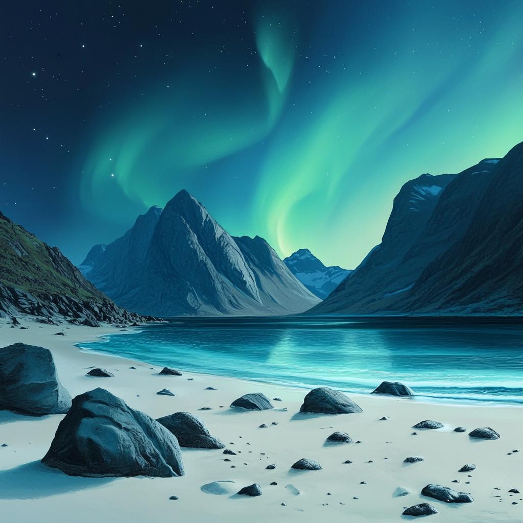 Northern Lights Over Mountain Seashore