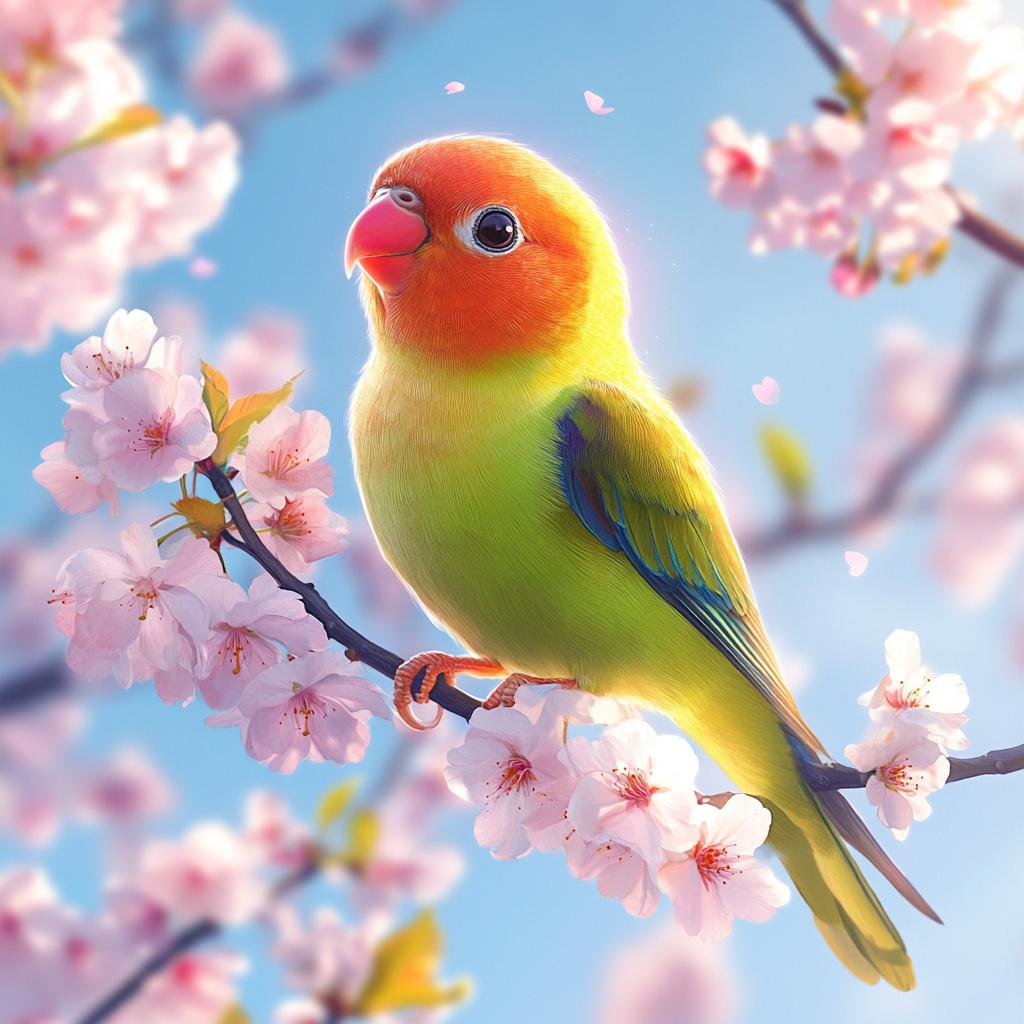 Colorful Lovebird on Flowering Branch