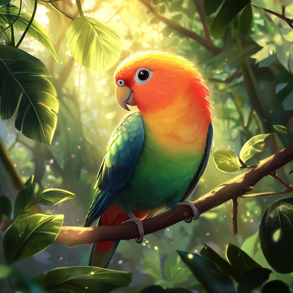 Lovebird Sitting on Rainforest Branch