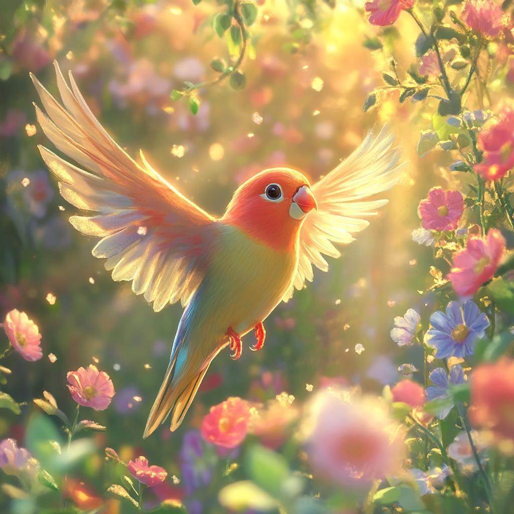 Lovebird Flying Through Flowers
