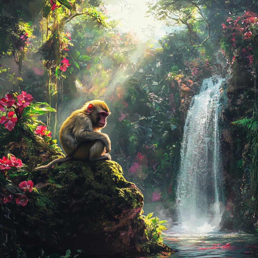 Macaque Resting on Rock by Waterfall