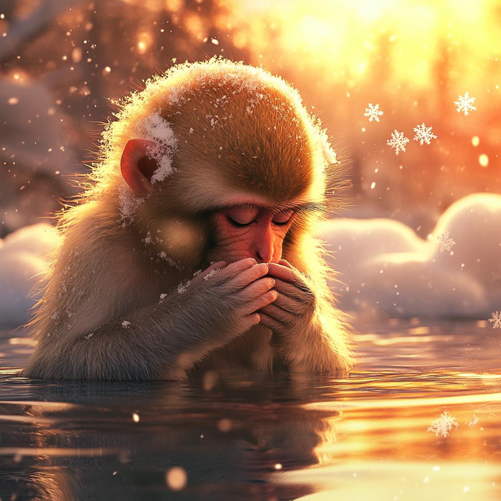 Macaque Bathing at Sunrise