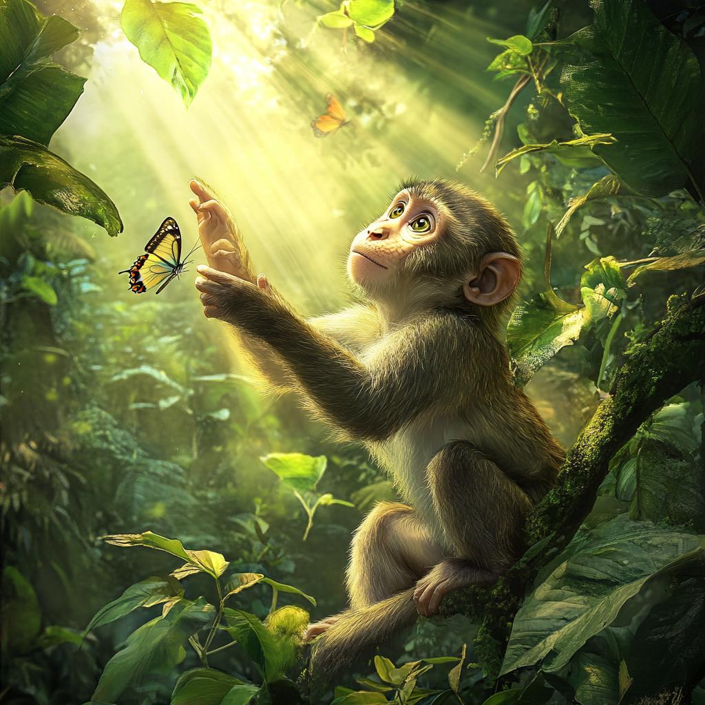 Macaque Baby Playing with Butterfly