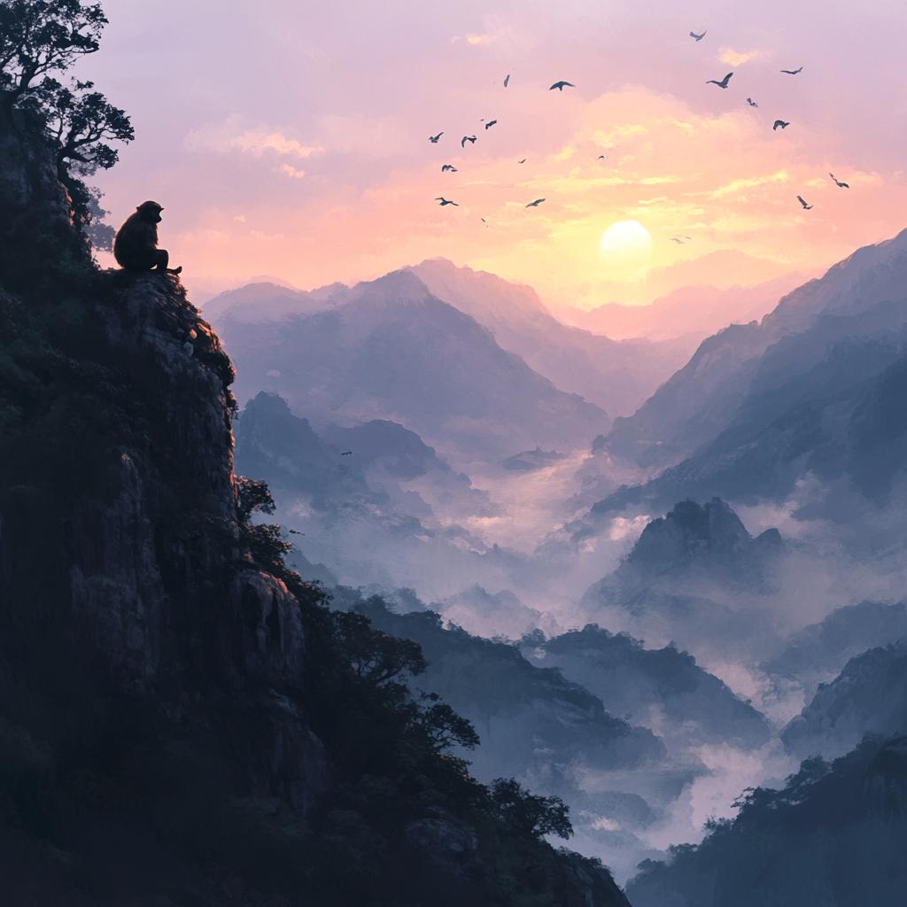 Macaque Watching Sunset Over Misty Mountains