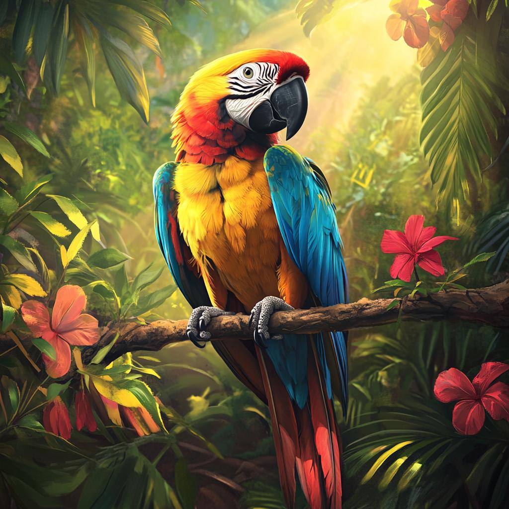 Macaw on Branch with Red Flowers