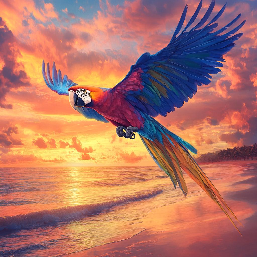 Macaw Flying Over Sunset Seashore