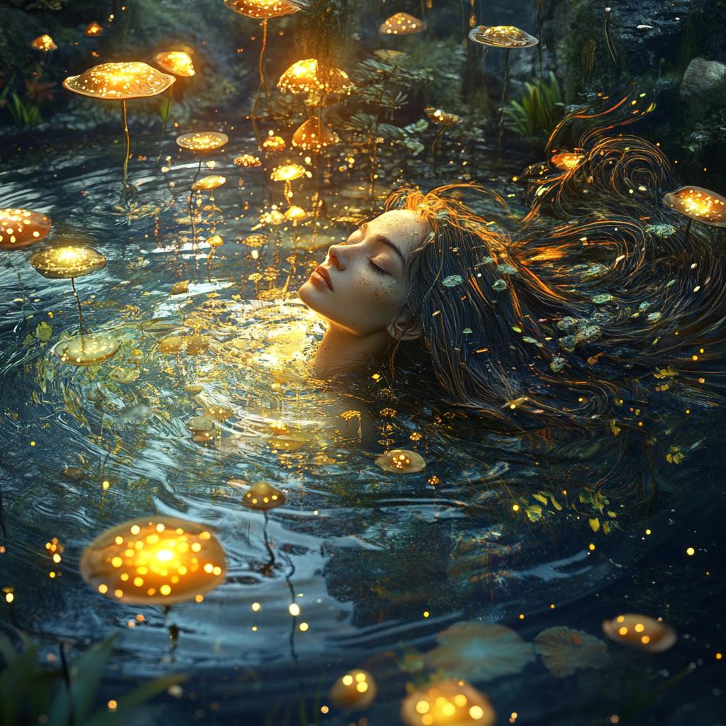 Magical Girl Bathing in Glowing River