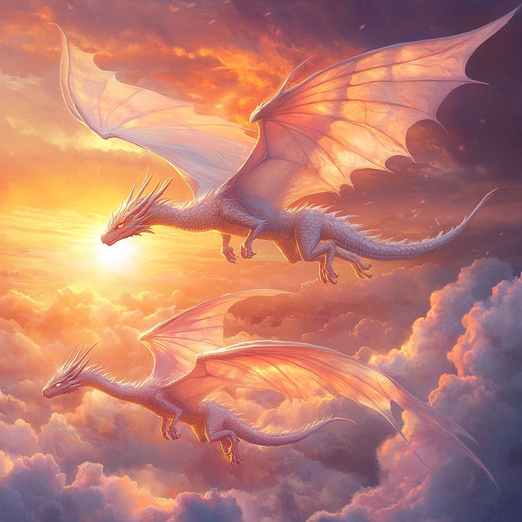White Dragons Flying in Sunset Clouds