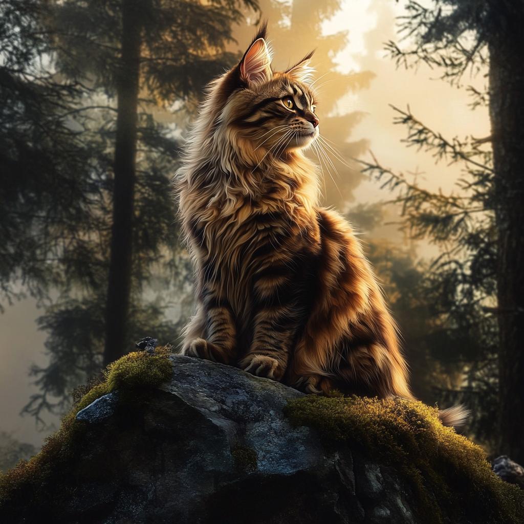 Maine Coon Standing on Forest Rock
