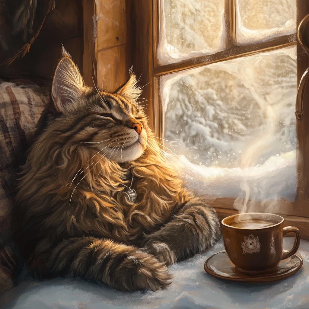 Maine Coon Having Coffee by Snowy Window
