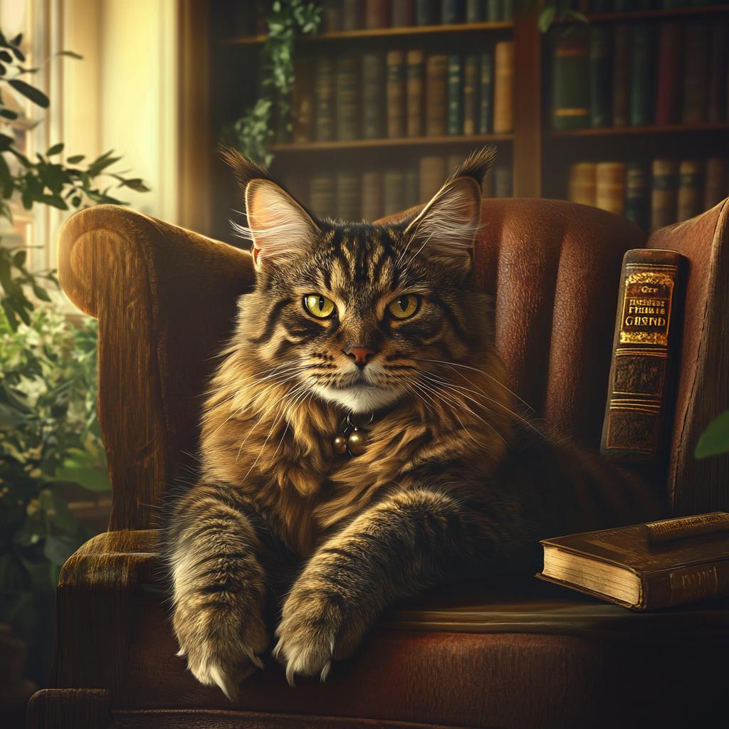 Maine Coon Portrait on Couch with Books