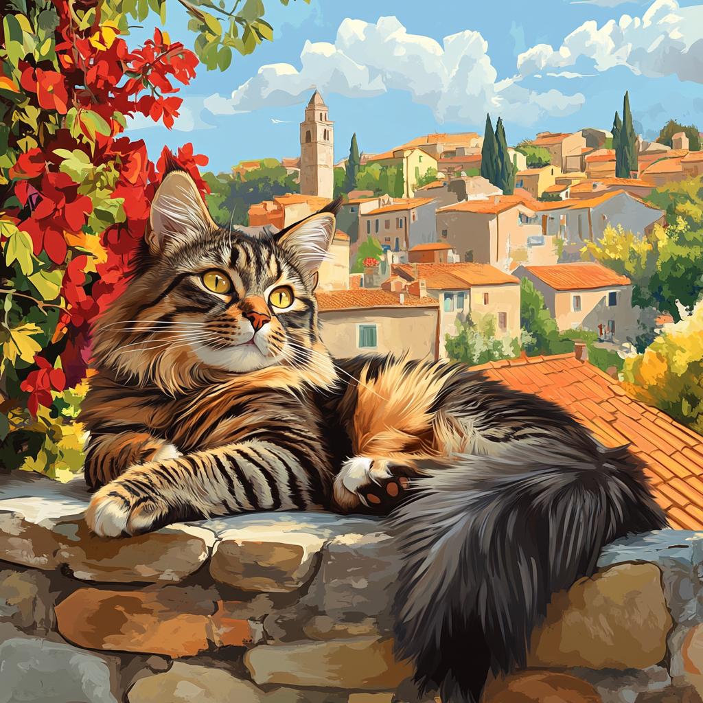 Maine Coon on Wall with Red Flowers