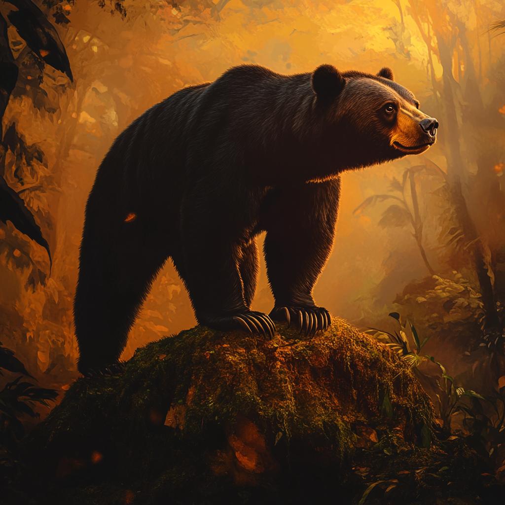 Malayan Sun Bear on Rock at Sunset