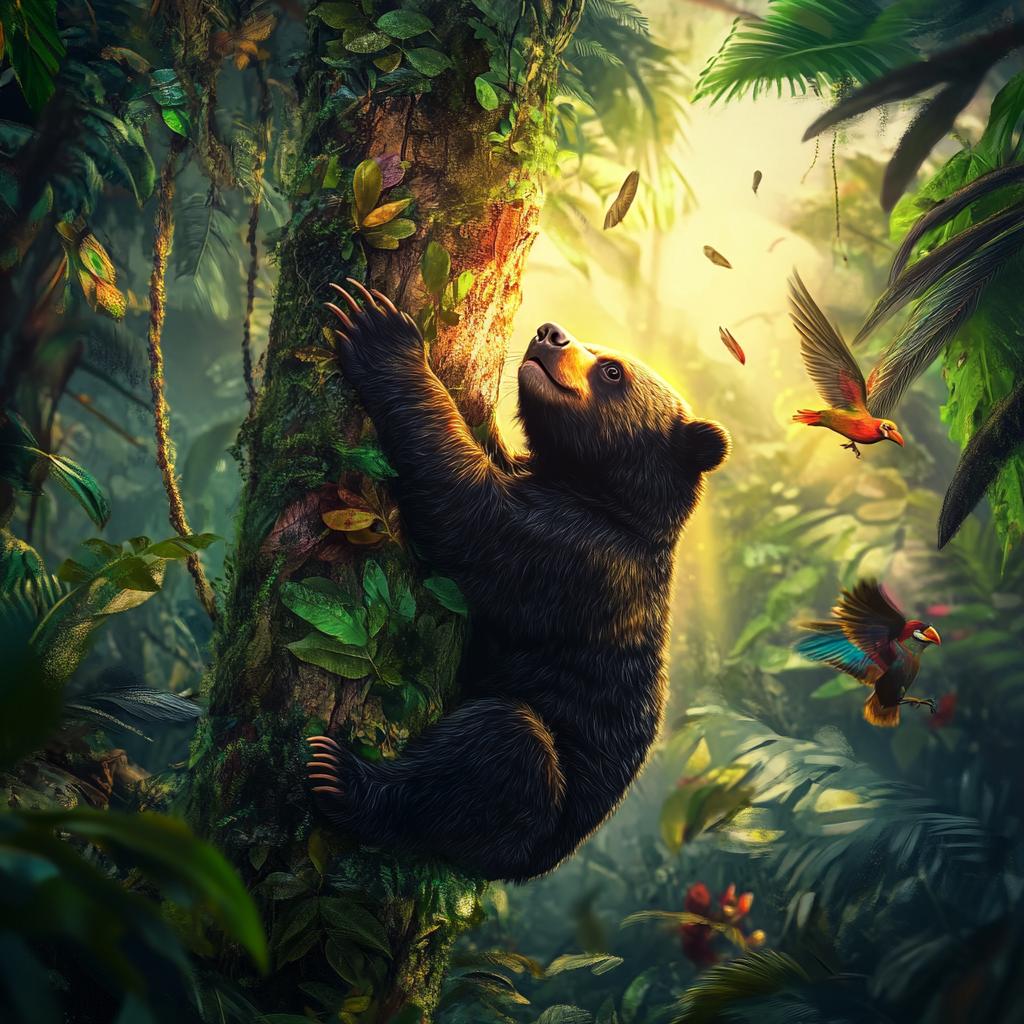 Malayan Sun Bear Climbing Tree in Rainforest