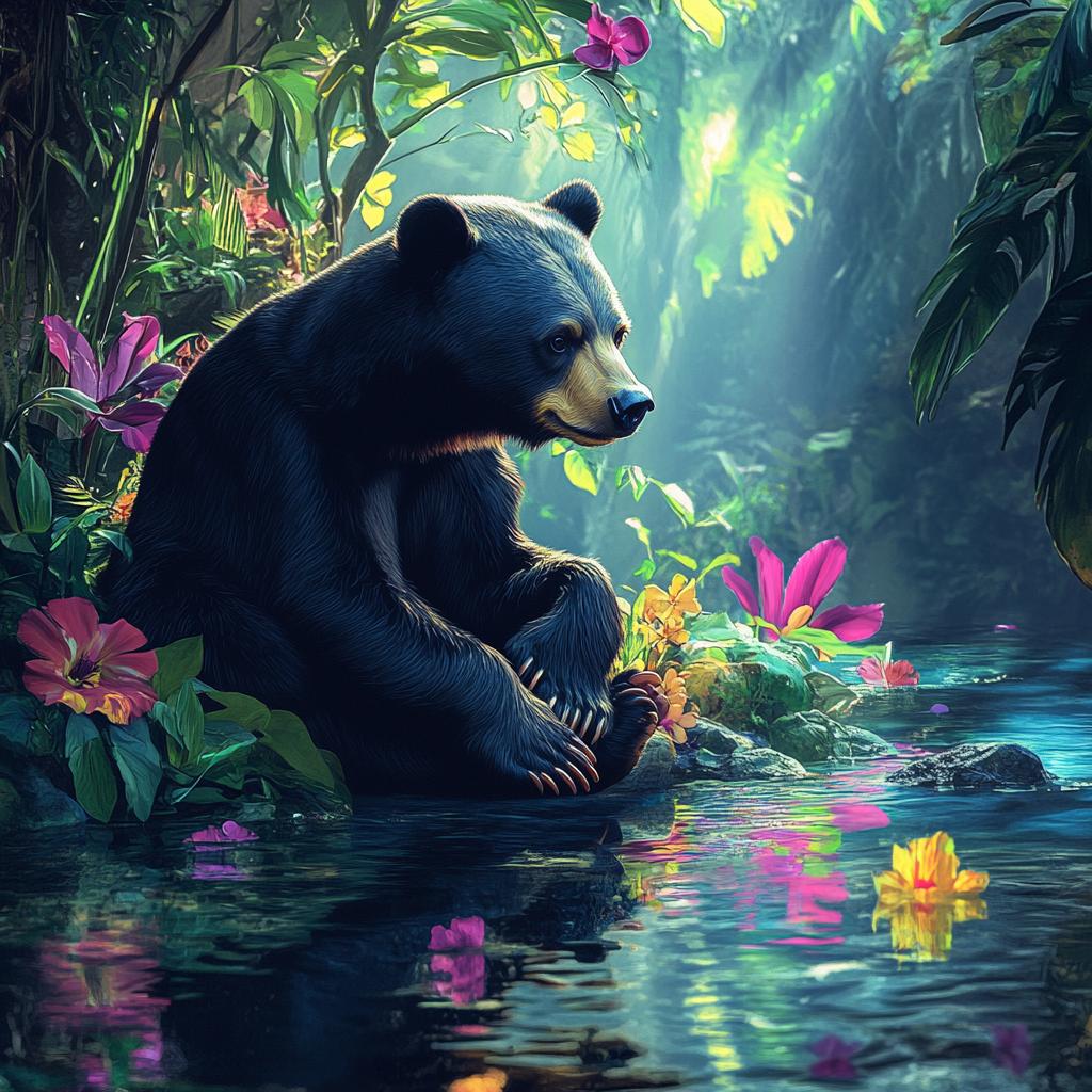 Malayan Sun Bear Sitting by River of Flowers