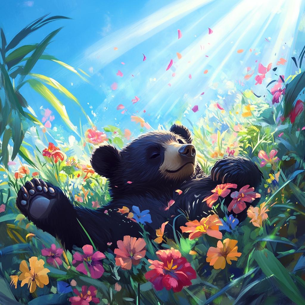 Malayan Sun Bear Resting in Flower Field