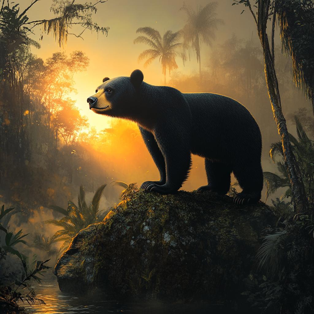 Malayan Sun Bear on Rock in Sunset Forest