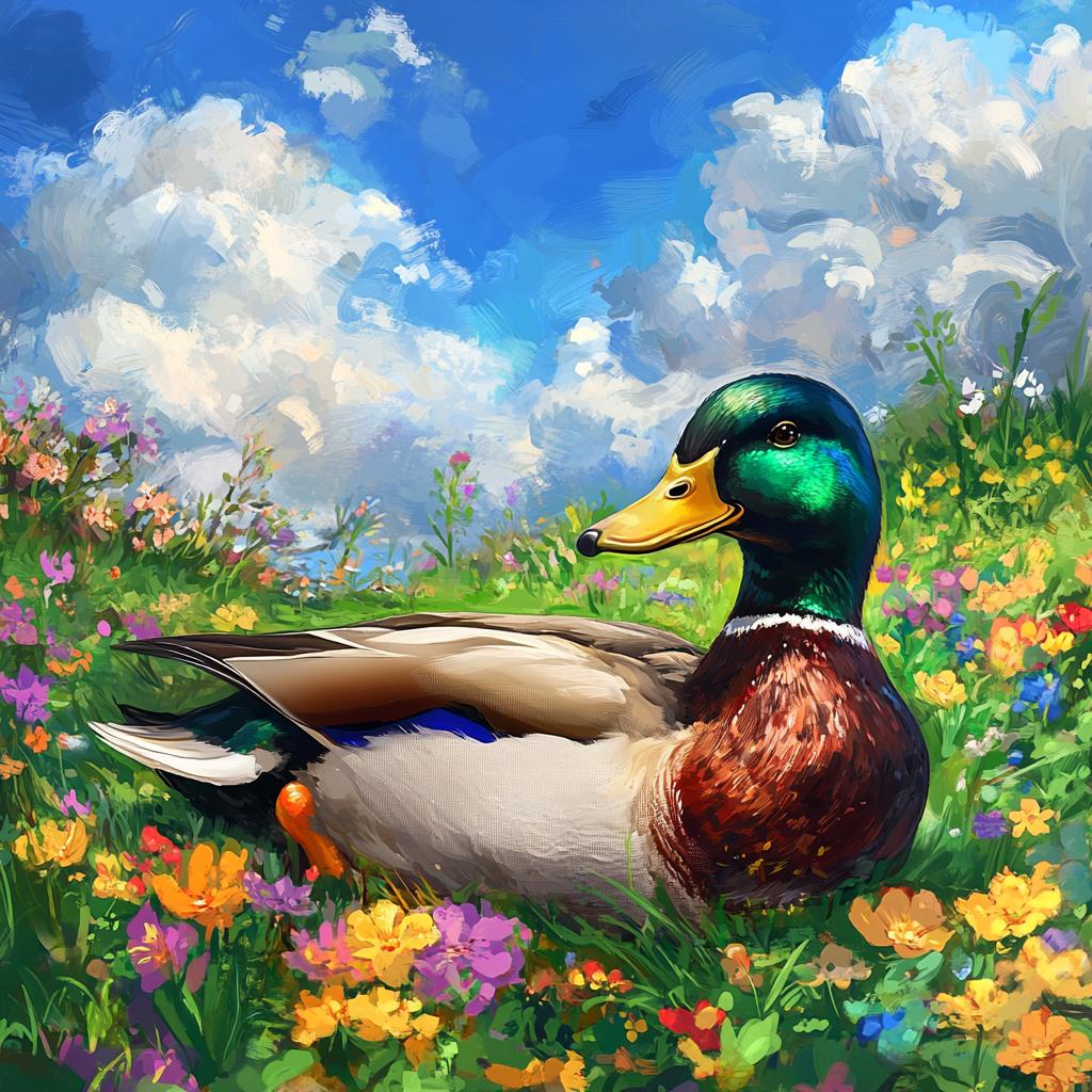 Mallard Duck Resting in Flower Field