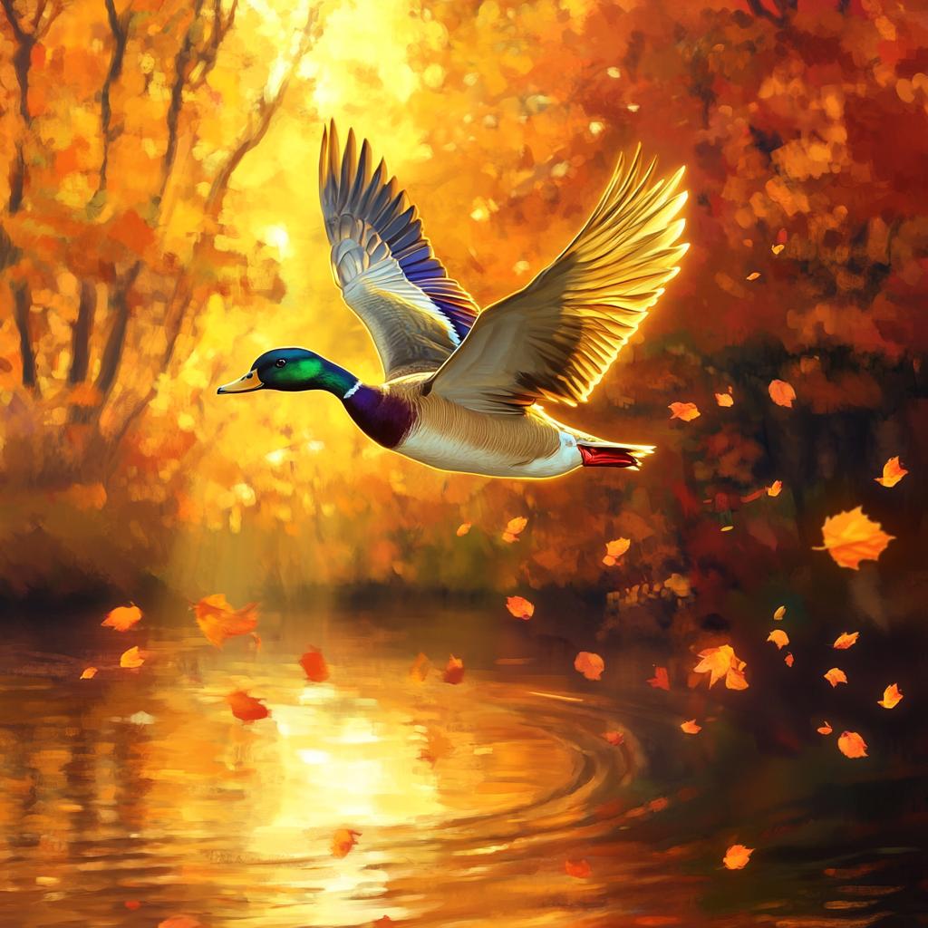Mallard Duck Flying Over River at Sunrise