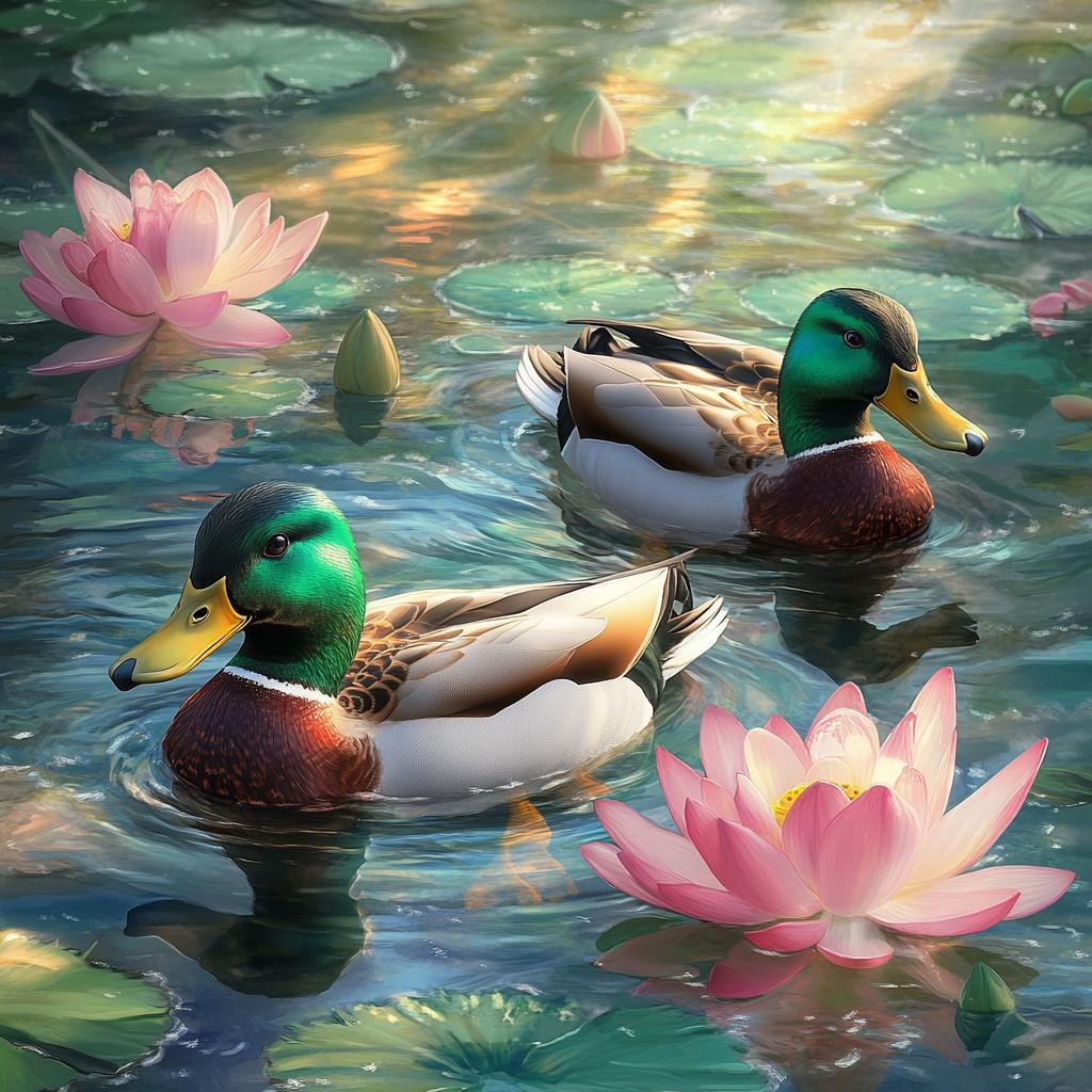 Two Mallards Swimming Among Lilies