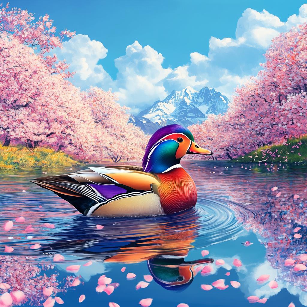 Mandarin Duck in River with Pink Trees