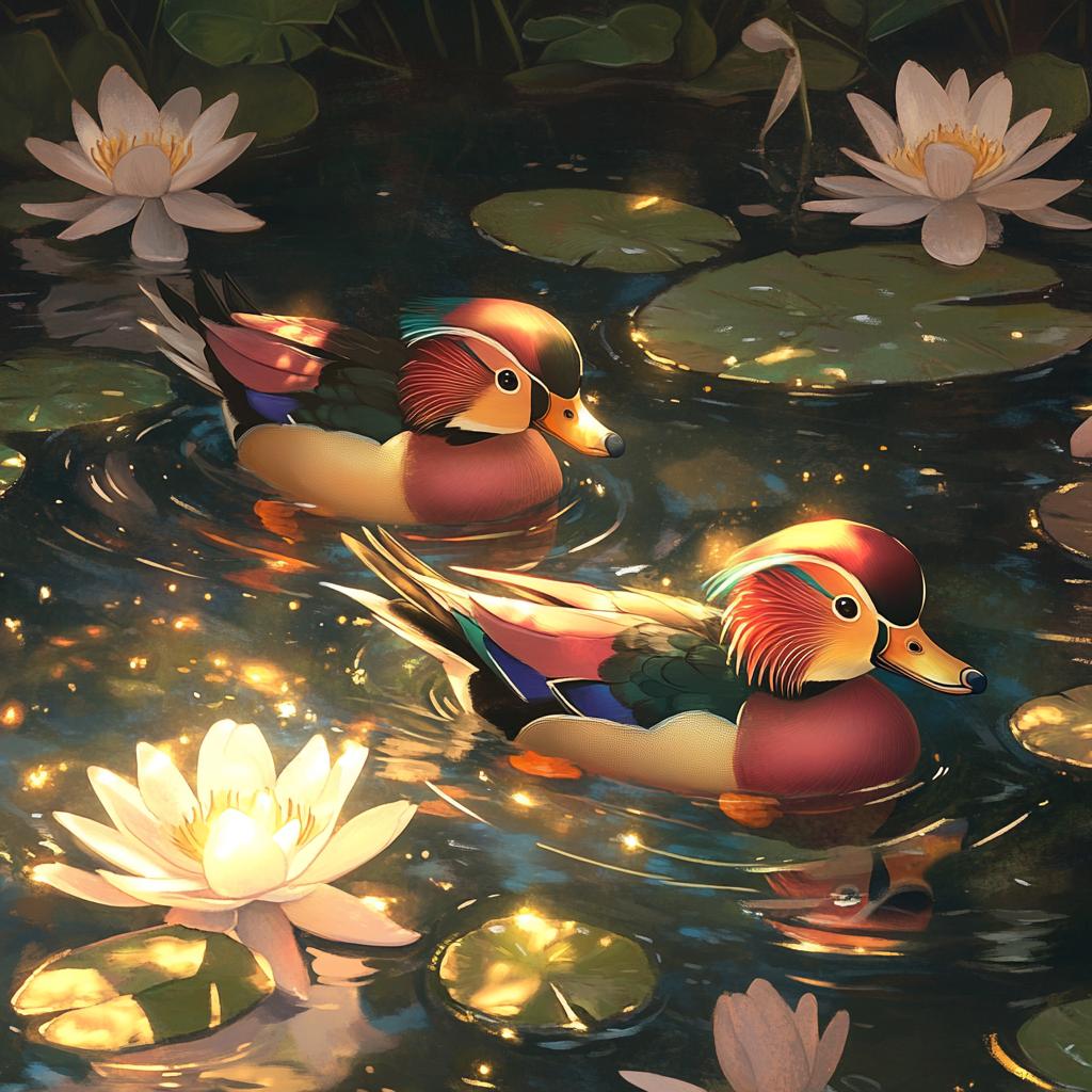 Two Mandarin Ducks Among Lilies