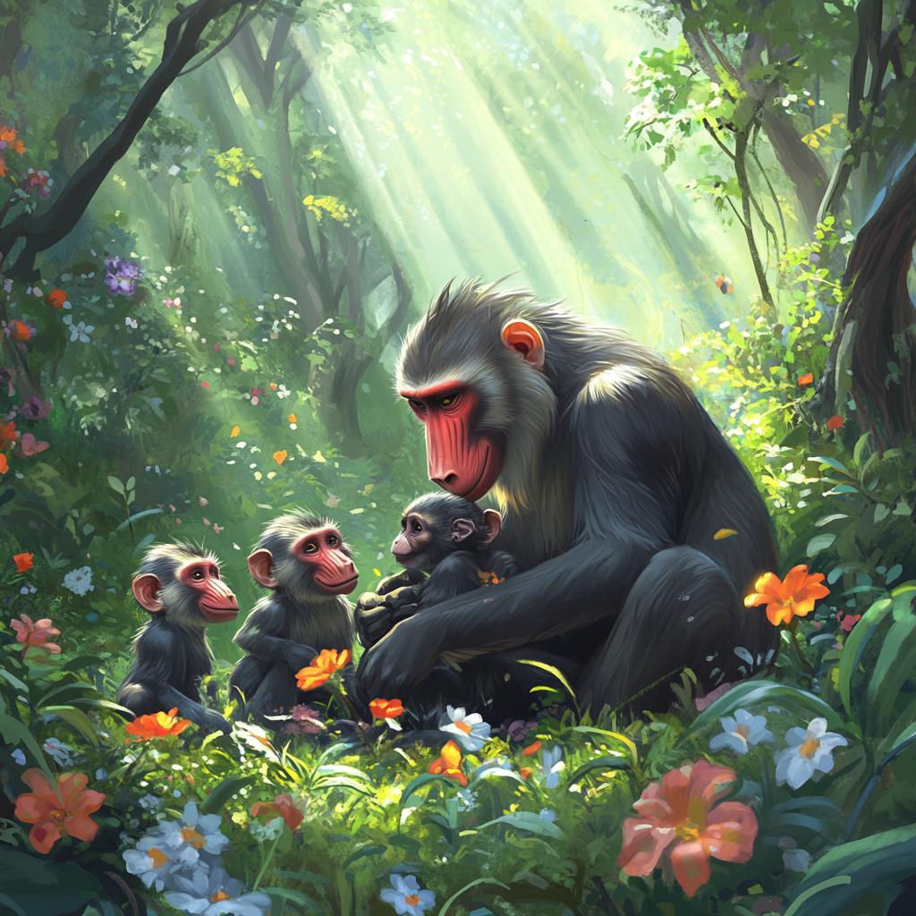 Mandrill Mother with Three Babies