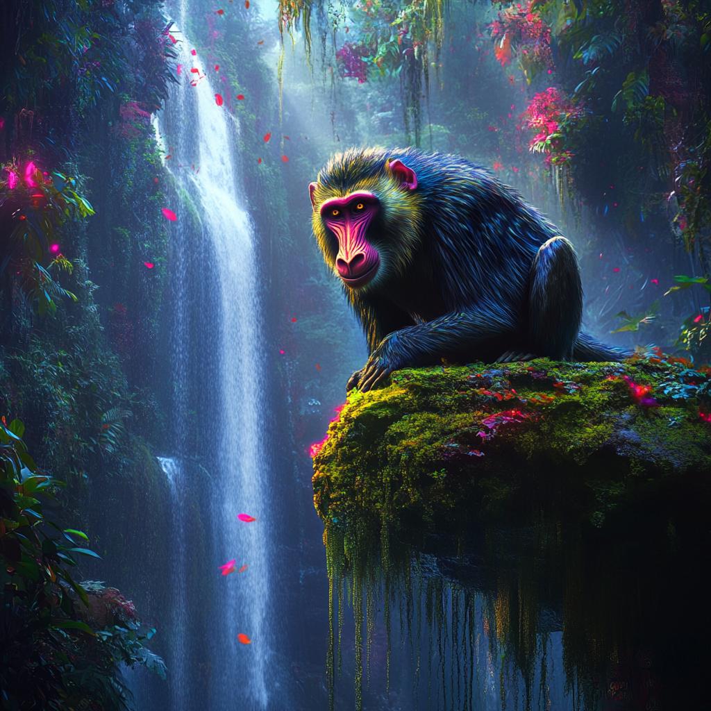 Mandrill on Cliff Over Waterfall