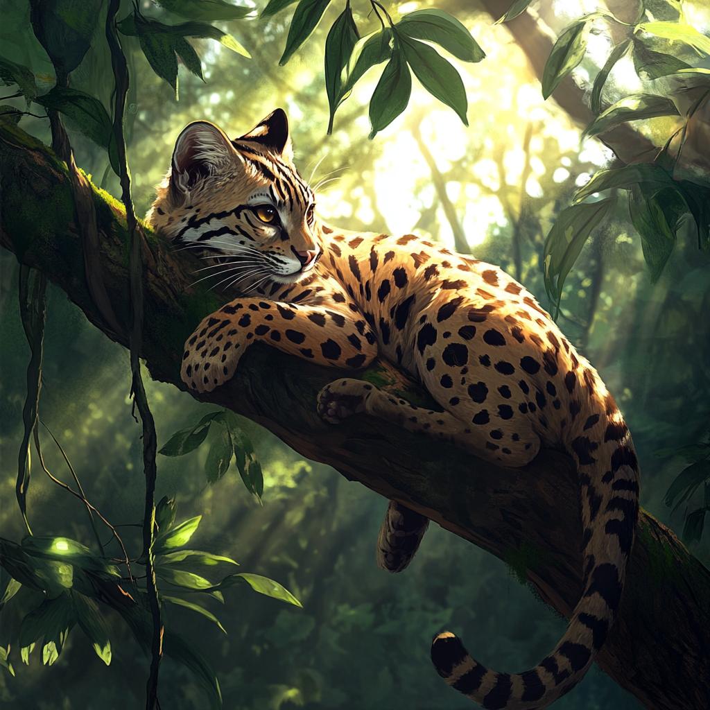 Margay Resting on Tree Branch