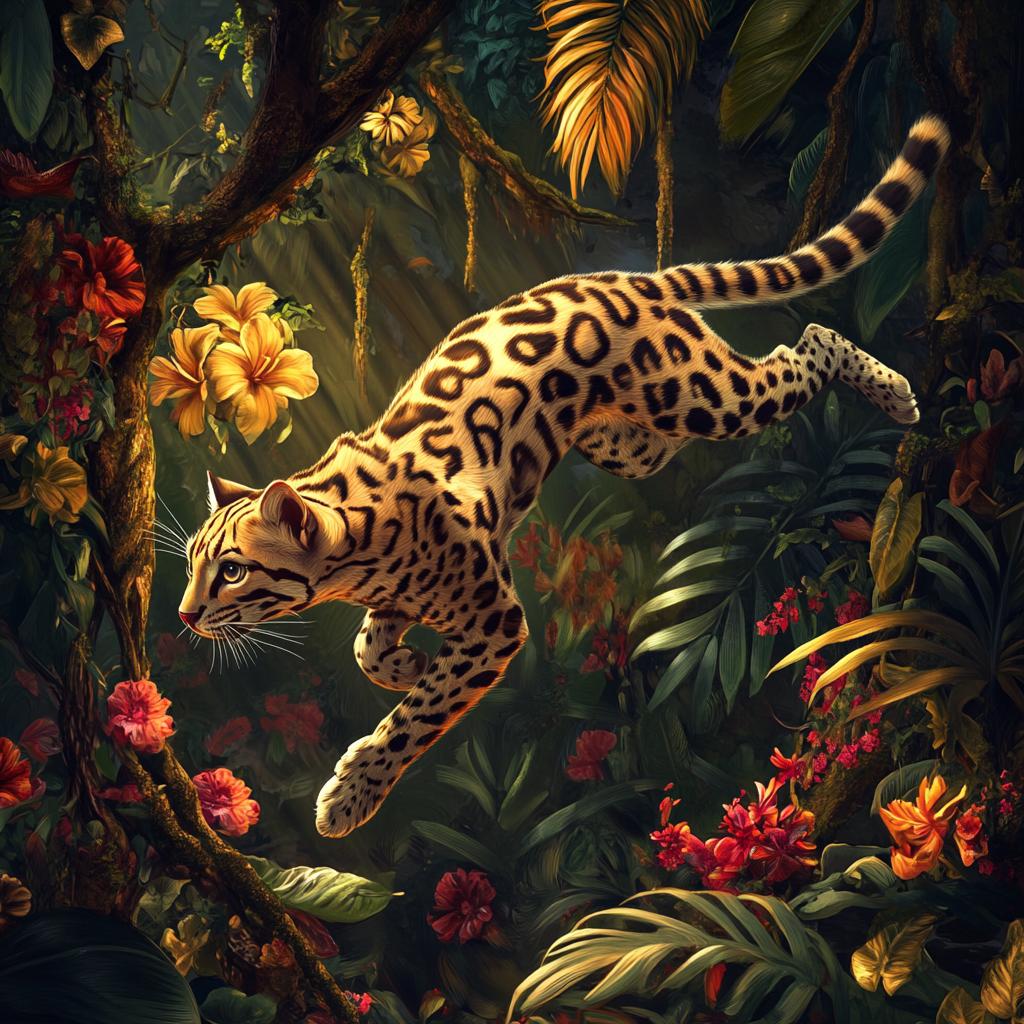 Margay Jumping Through Rainforest Flowers