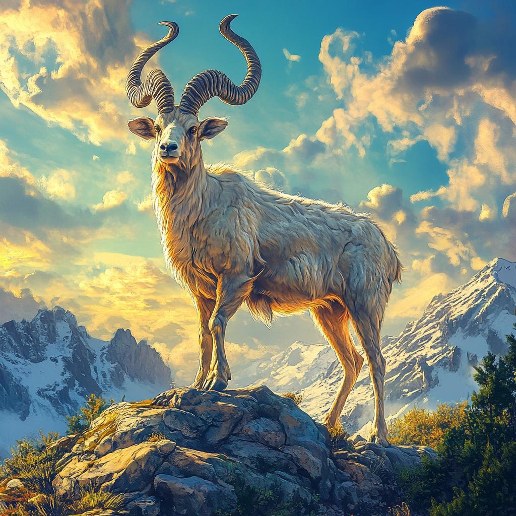 Markhor on Rock with Snowy Mountains