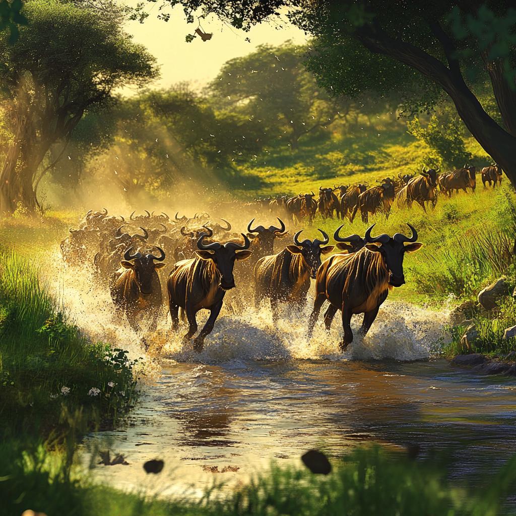 Wildebeest Herd Crossing River in Masai Mara Grassland
