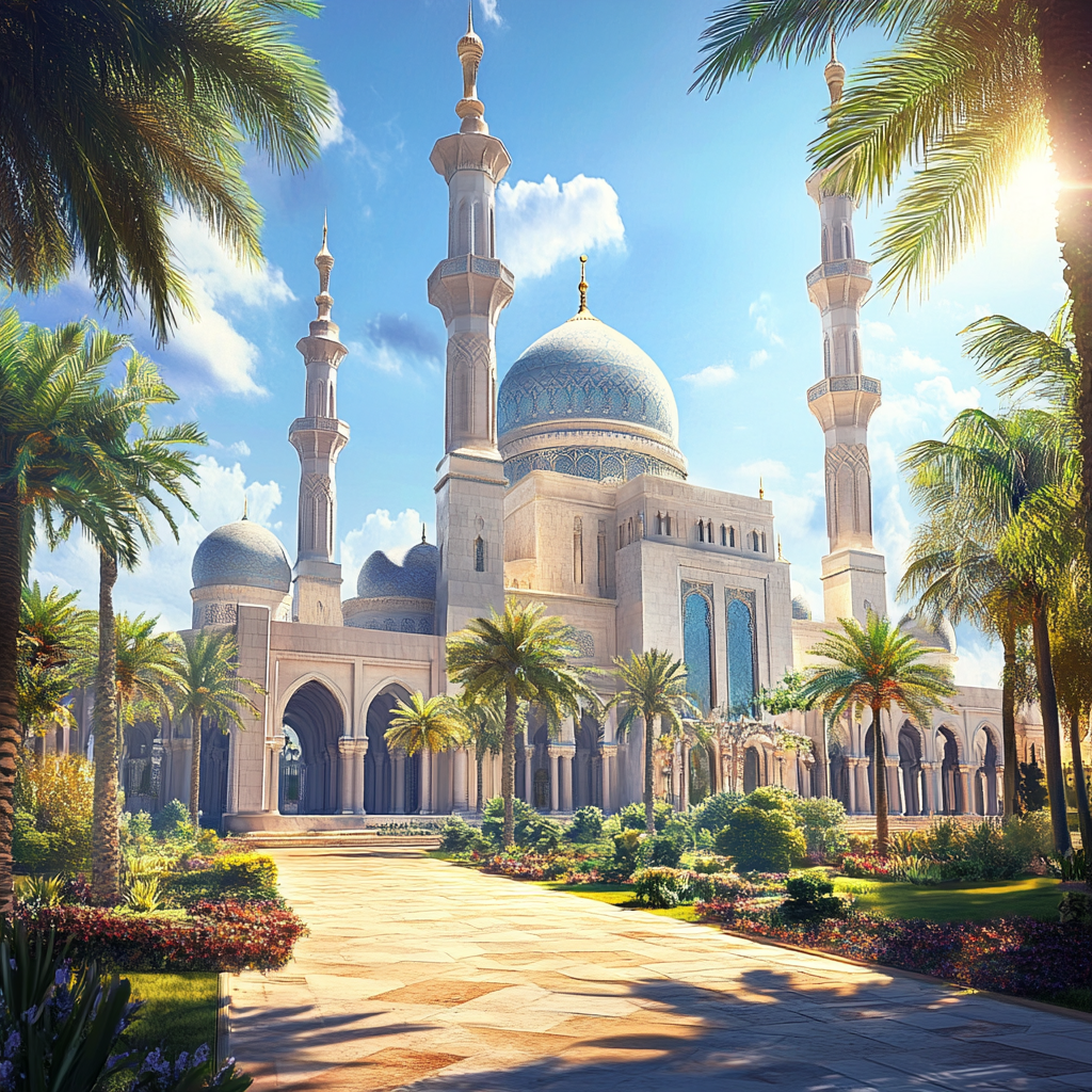 White Mosque Between Palm Trees