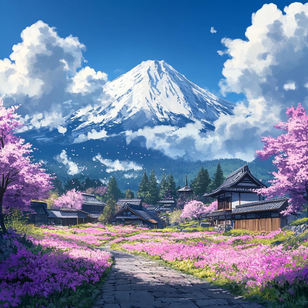 Mount Fuji Above Pink Cherry Blossoms